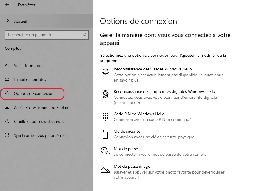 Options de connexion dans les paramètres de compte de Windows 10