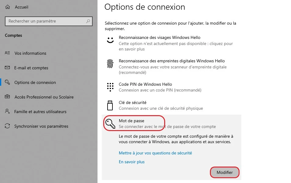 Windows 10 : Options de connexion avec fenêtre de mot de passe